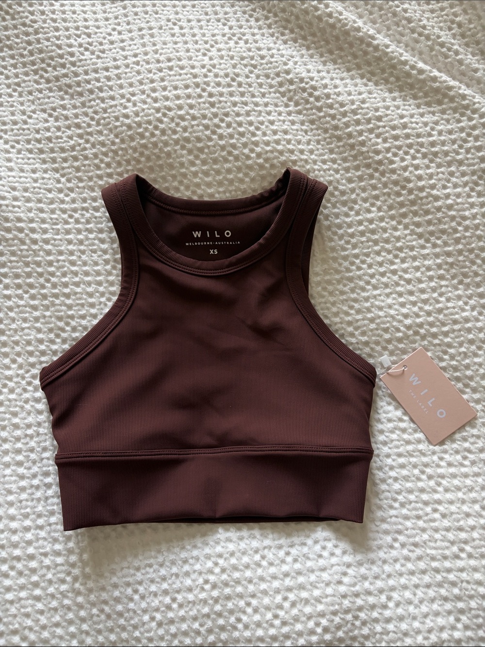 WILO Ribbed High-Neck Crop Sports Bra in Chocolate Brown